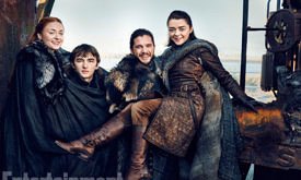 Game of Thrones (Season 7) L-R: Sophie Turner, Isaac Hempstead Wright, Kit Harrington, and Maisie Williams Photograph by Marc Hom on November 22, 2016 in Belfast.