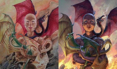 Иногда Майк Миллер сам раскрашивает свои работы традиционными красками. Например, как в этом случае (слева). Справа раскраска Мохана для финальной обложки комикса Игры престолов.