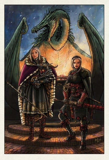 Висенья и Рейнис Таргариен возле бронзового дракона с маяком