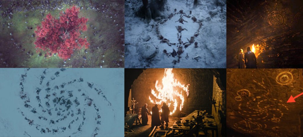 Закрученные символы, связанные с Белыми Ходоками из «Игры престолов». В «Доме драконов» пока не замечены. Хотя кто-то считает таковым герб самих Таргариенов.