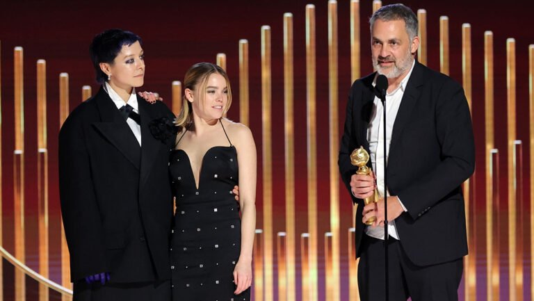 BEVERLY HILLS, CALIFORNIA - JANUARY 10: 80th Annual GOLDEN GLOBE AWARDS -- Pictured: (L-R) Emma D’Arcy, Milly Alcock, and Miguel Sapochnik accept the Best Television Series – Drama award for "House of the Dragon" onstage at the 80th Annual Golden Globe Awards held at the Beverly Hilton Hotel on January 10, 2023 in Beverly Hills, California. -- (Photo by Rich Polk/NBC via Getty Images)